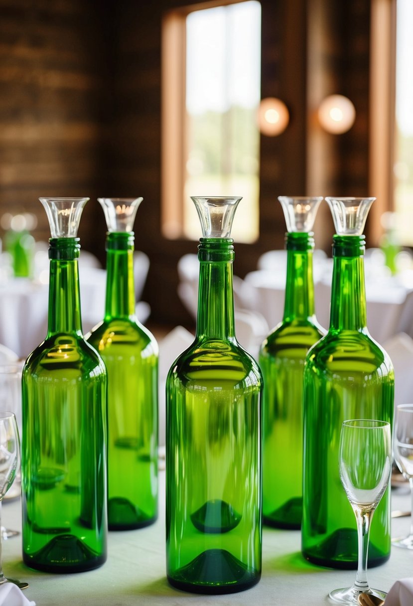 Several bold green glass bottles arranged as wedding table decorations