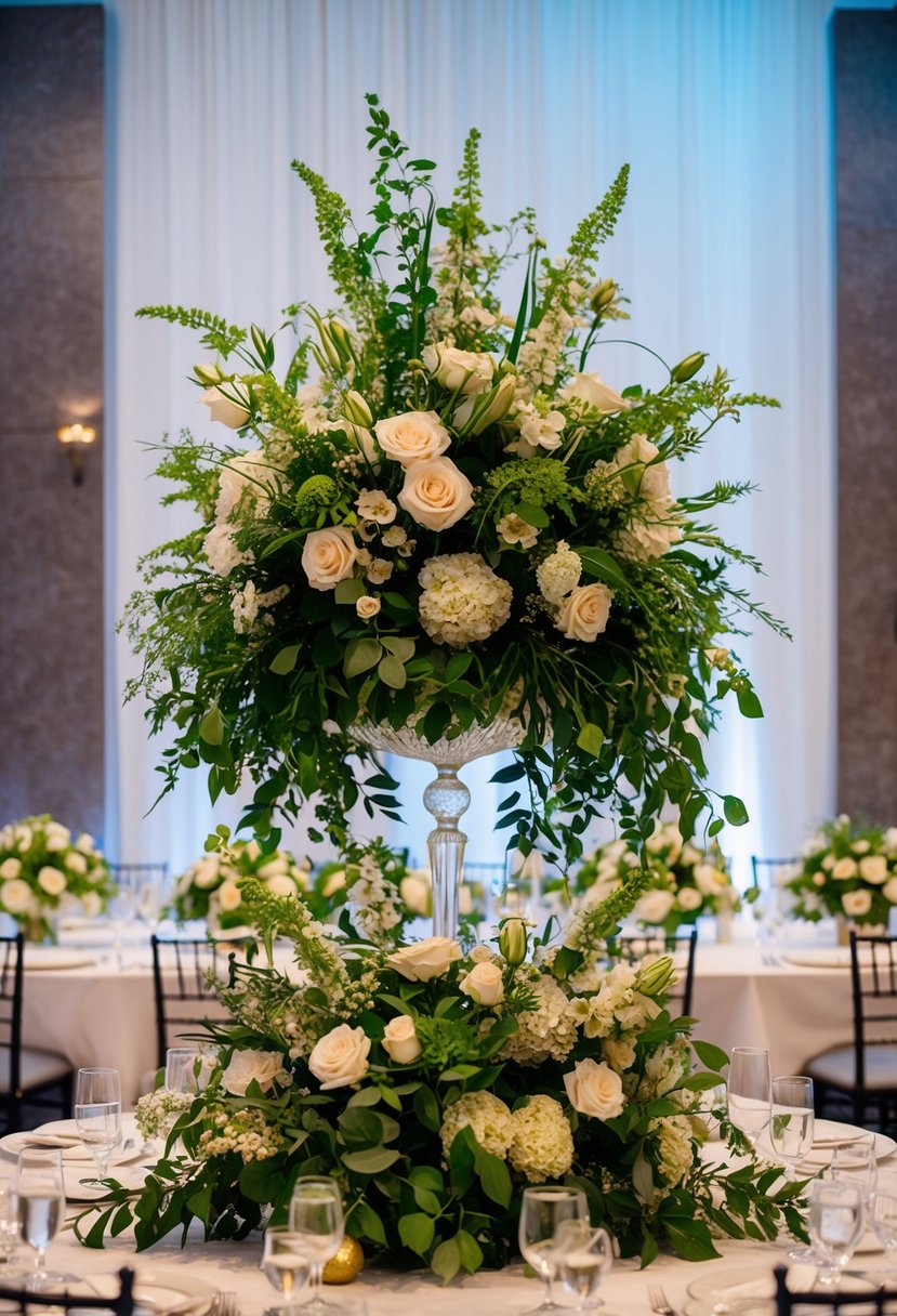 Lush, overflowing compotes of flowers and greenery adorn a high wedding table, creating a stunning and elegant centerpiece