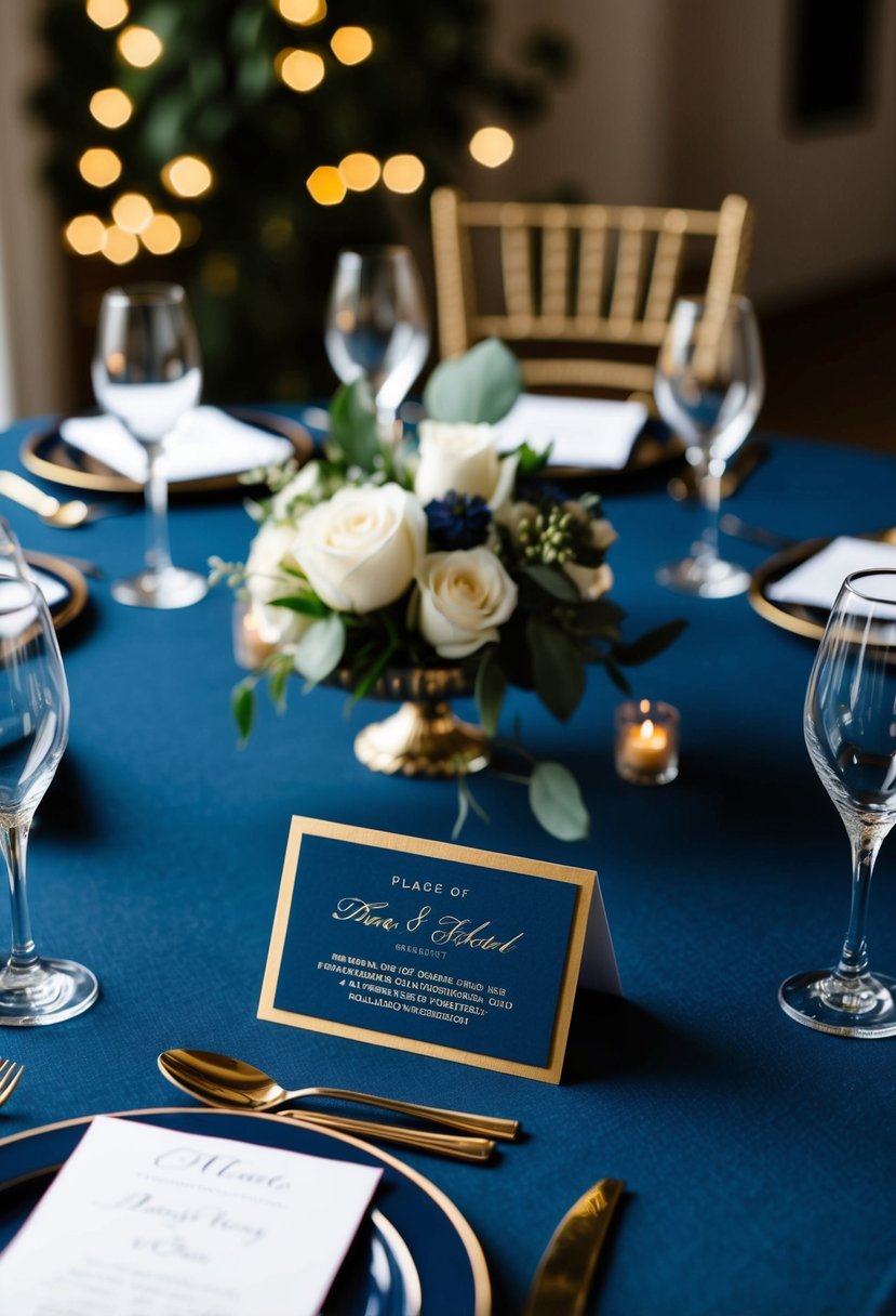 Dark blue and gold place cards arranged on a dark blue wedding table, surrounded by elegant decorations