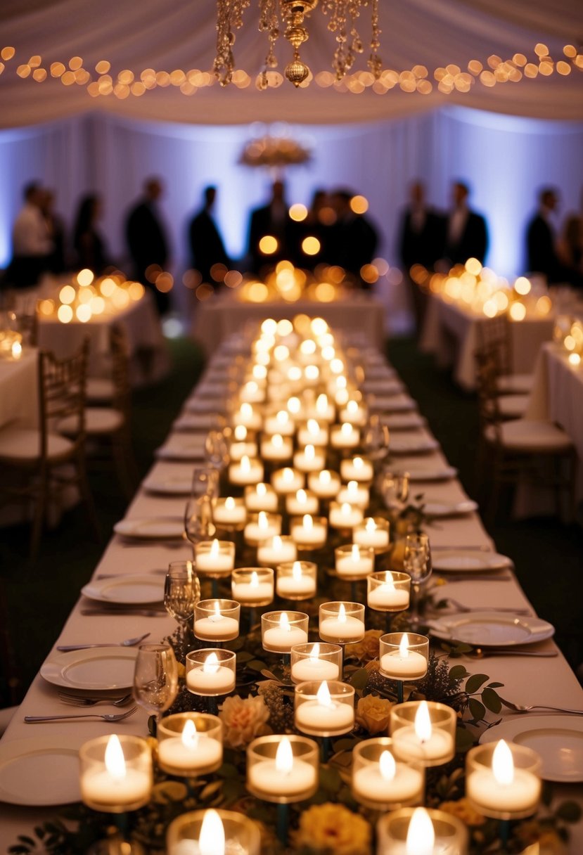 Glowing tea lights illuminate a high wedding table, surrounded by delicate ornamental decorations