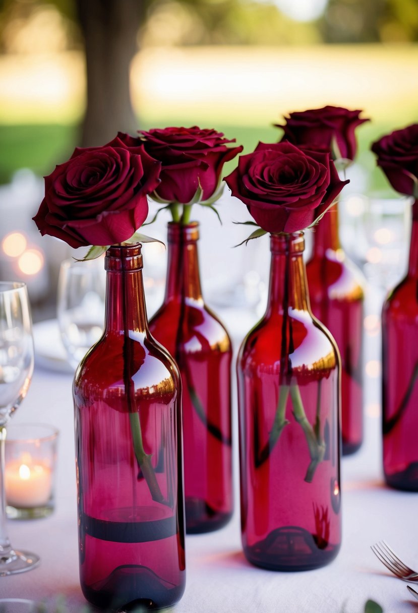 Burgundy glass bottles filled with roses arranged as wedding table decorations