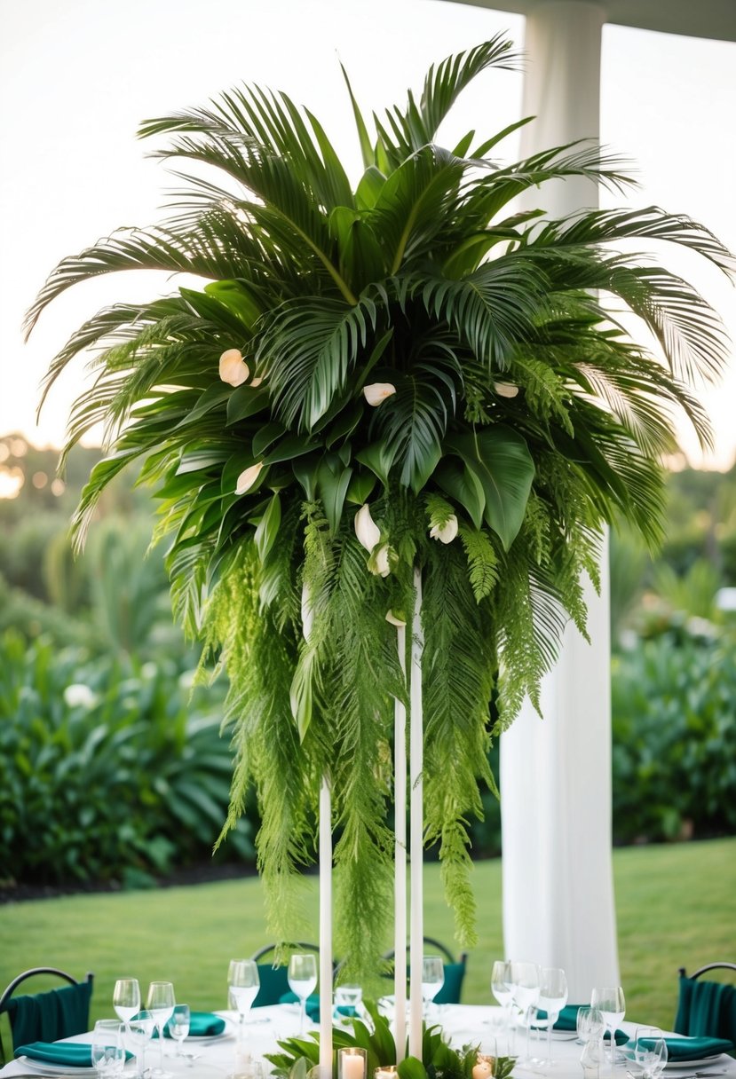 Lush green fronds cascade down from a tall, airy wedding table centerpiece, evoking a beachy, tropical vibe