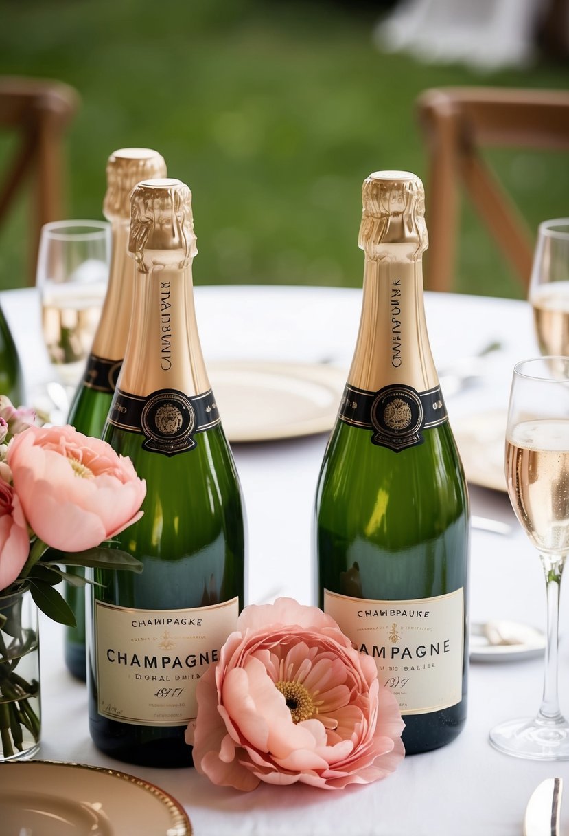 Champagne-colored bottles hold blush flowers on a wedding table