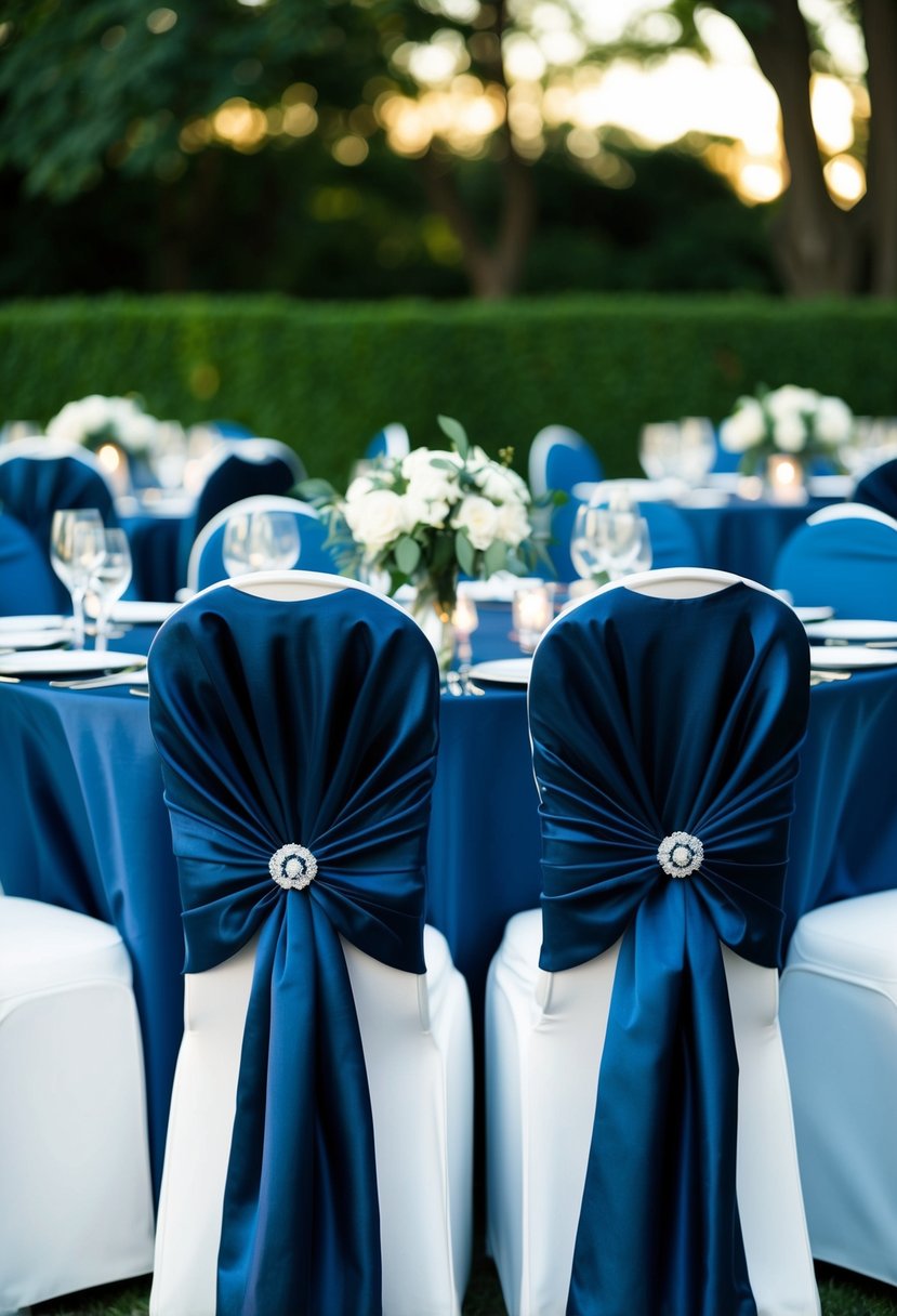 Navy satin chair sashes elegantly draped over dark blue wedding tables