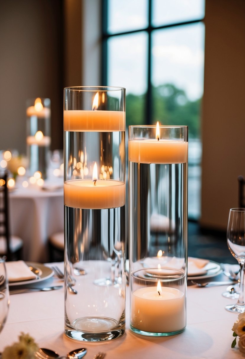 Tall glass cylinders hold floating candles on a wedding table