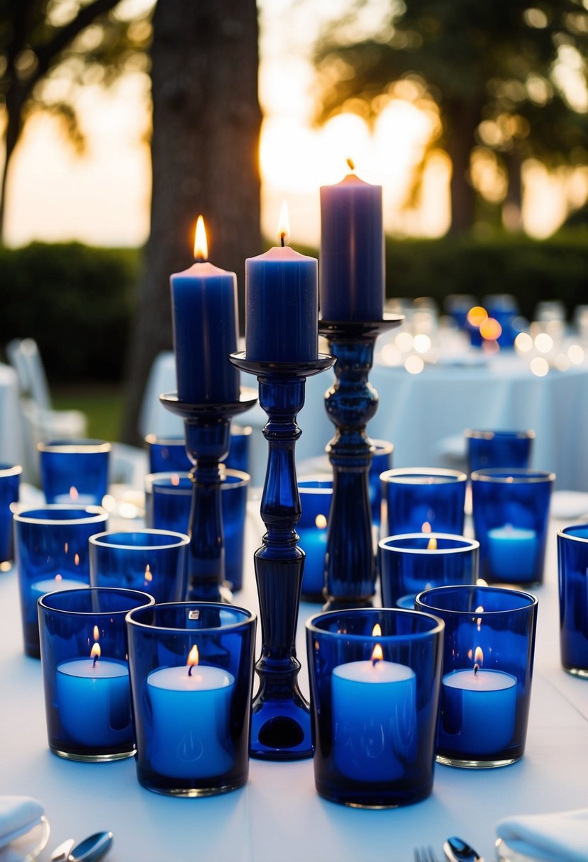 Dark blue glass candle holders arranged on a wedding table, casting a soft glow