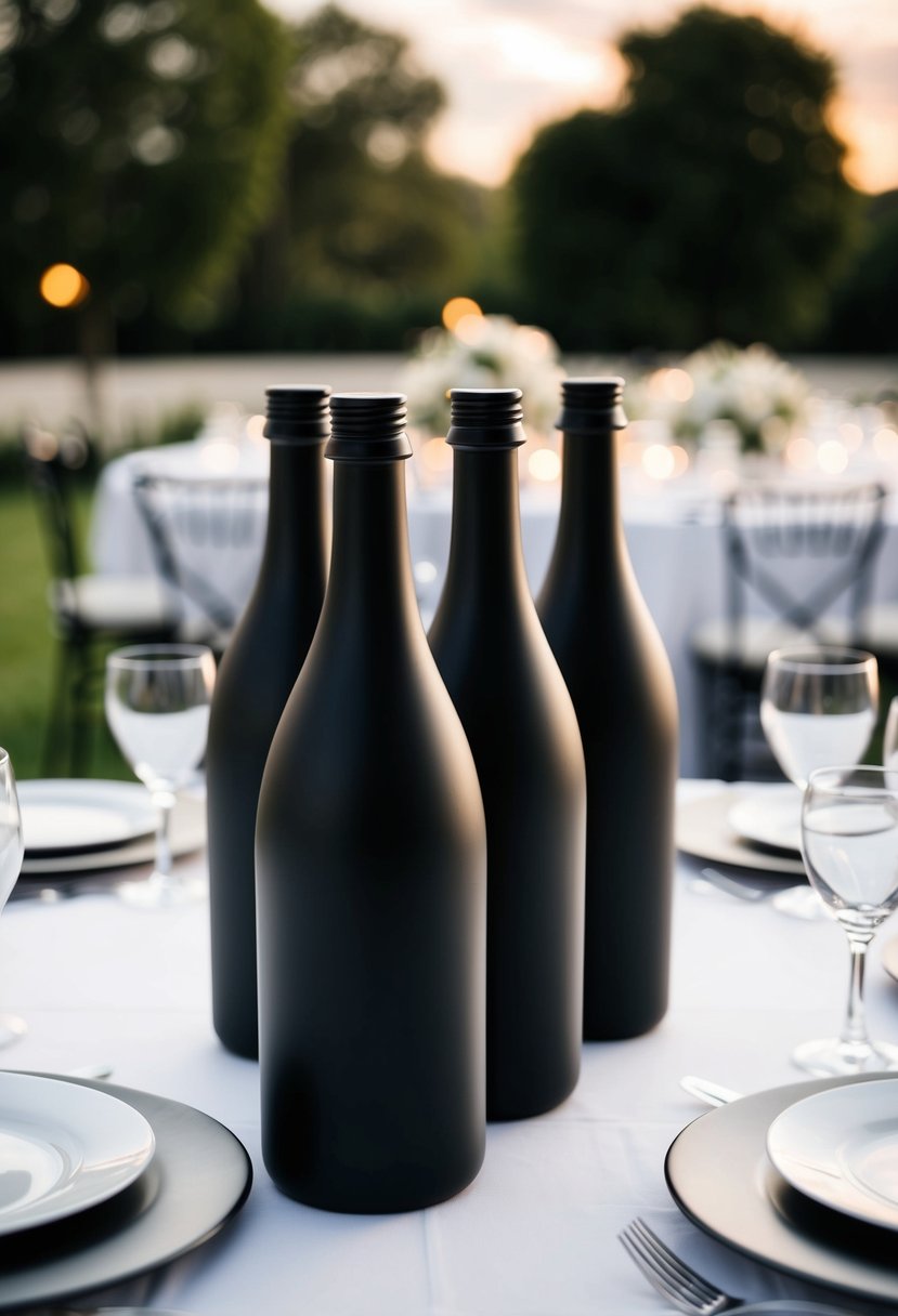 Matte black glass bottles arranged on a sleek wedding table