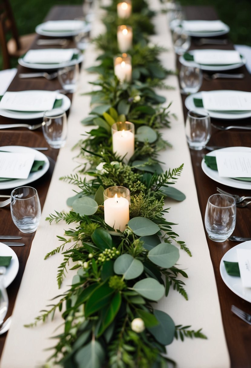 Lush greenery runners cascade down a wedding table, creating a natural and elegant centerpiece