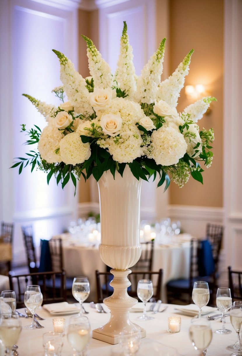 A tall, elegant vase filled with classic white blooms stands as a centerpiece on a beautifully set wedding table