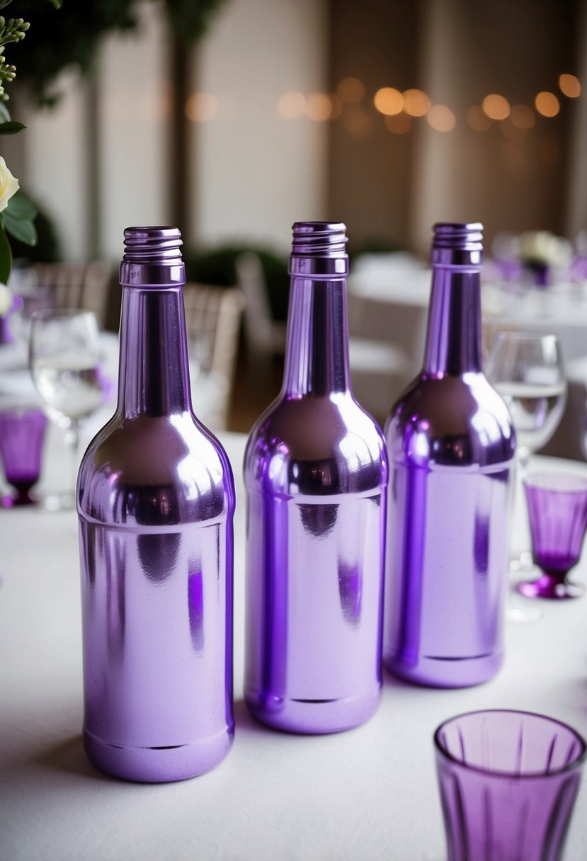 Silver spray-painted bottles with lavender glass, arranged as wedding table decorations