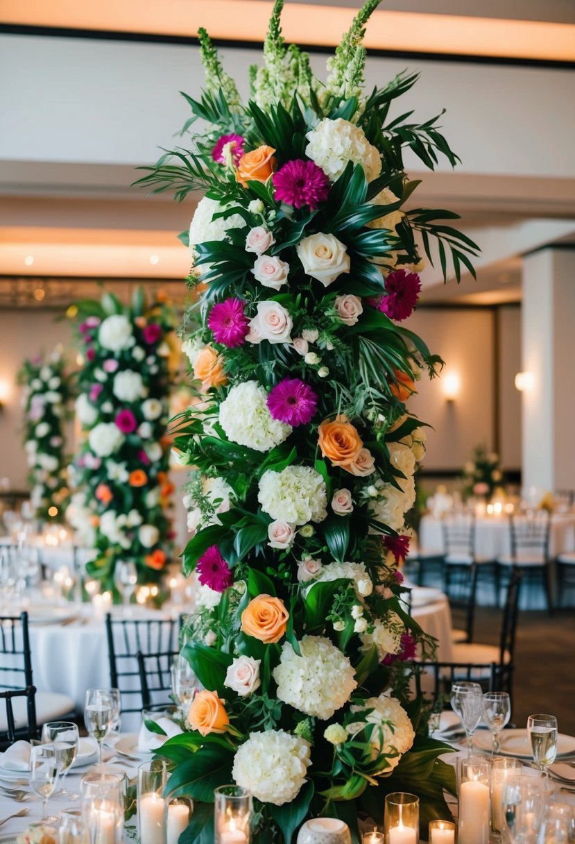 Tall floral arrangements adorn wedding tables, towering with vibrant blooms and lush greenery