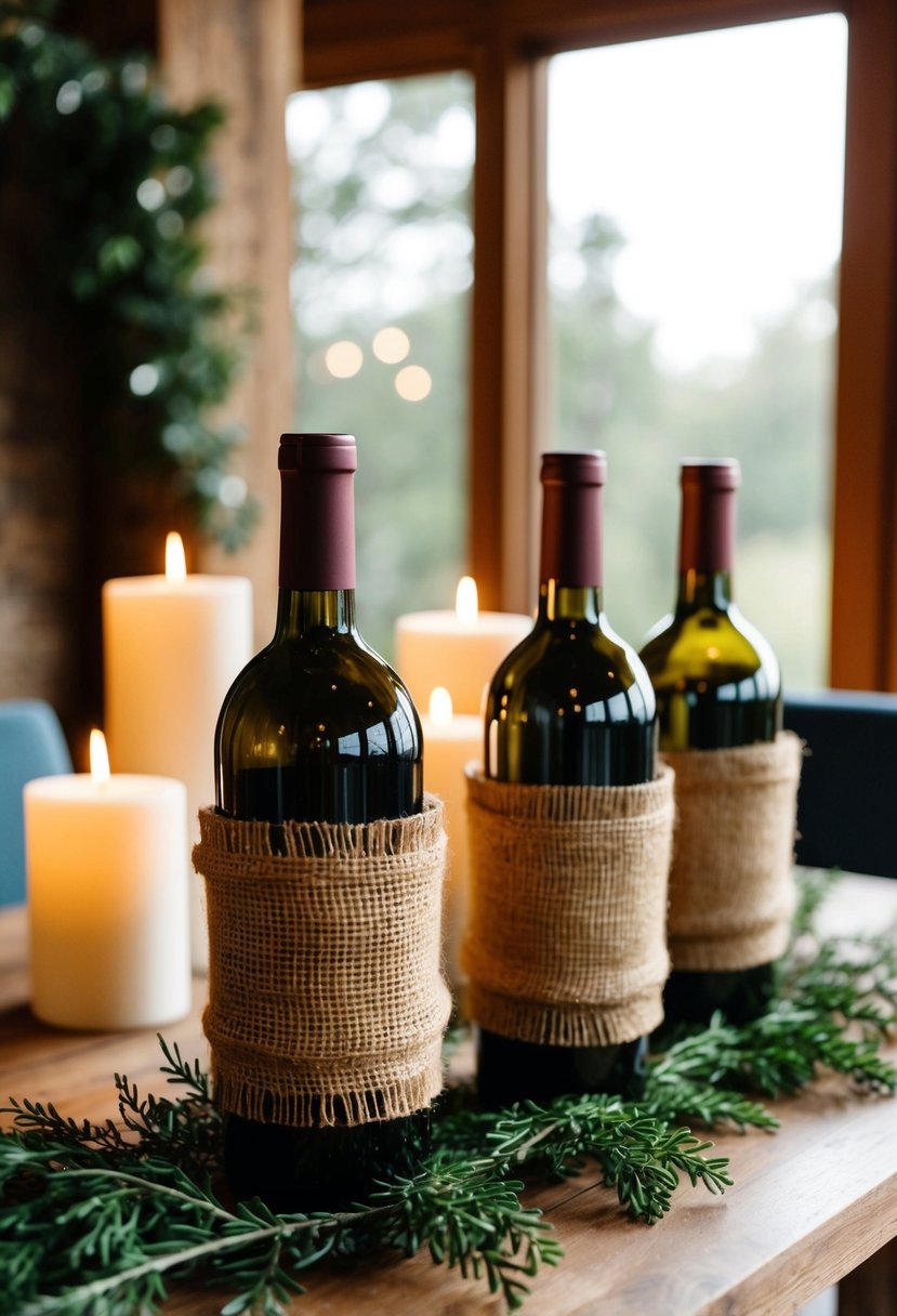 Rustic wine bottles wrapped in burlap on a wooden table with greenery and candles