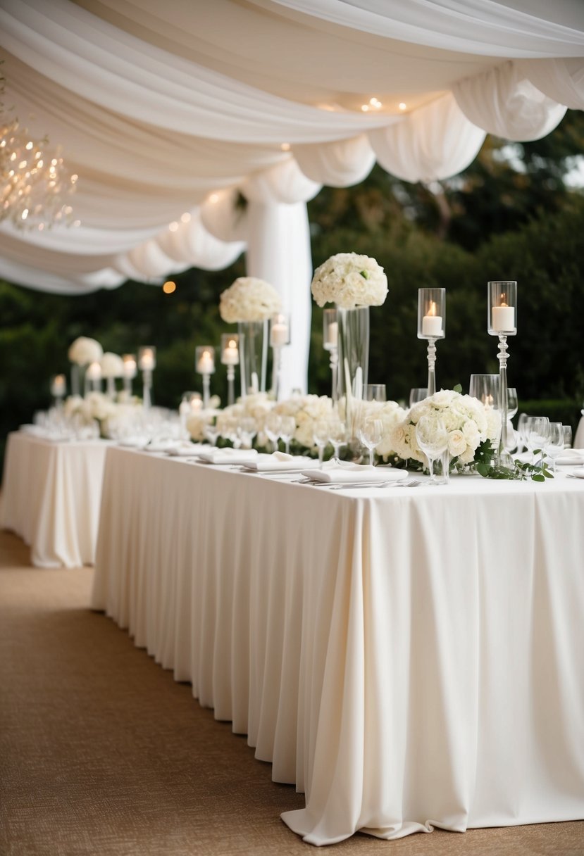 A floor-length tablecloth drapes elegantly over a wedding table, adorned with high centerpieces and decorative accents