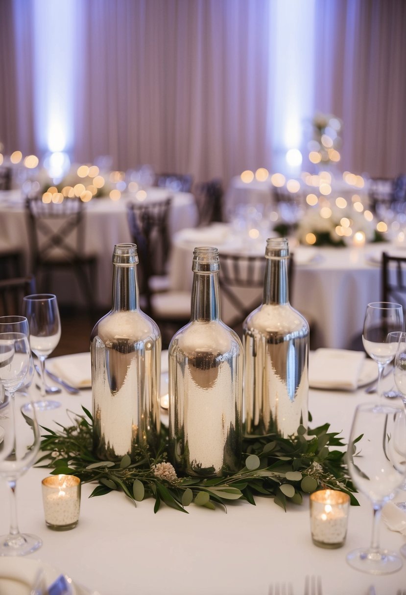 A table adorned with mercury glass bottles, adding a touch of glam to a wedding reception