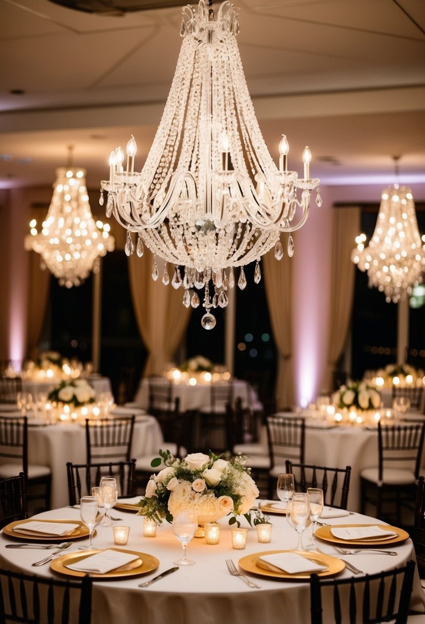 A sparkling tabletop chandelier illuminates a beautifully set wedding reception table, adding an elegant touch to the decor