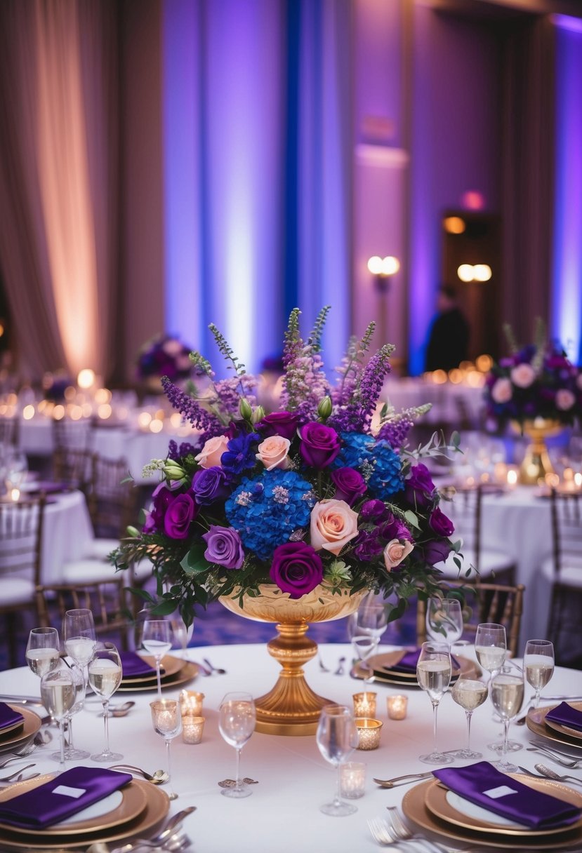 A lavish display of jewel-toned floral arrangements adorning a wedding reception table, with rich purples, blues, and pinks creating a luxurious and elegant atmosphere