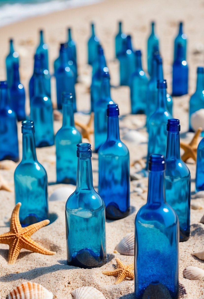 An array of ocean blue glass bottles arranged on a sandy beach with seashells and starfish scattered around them