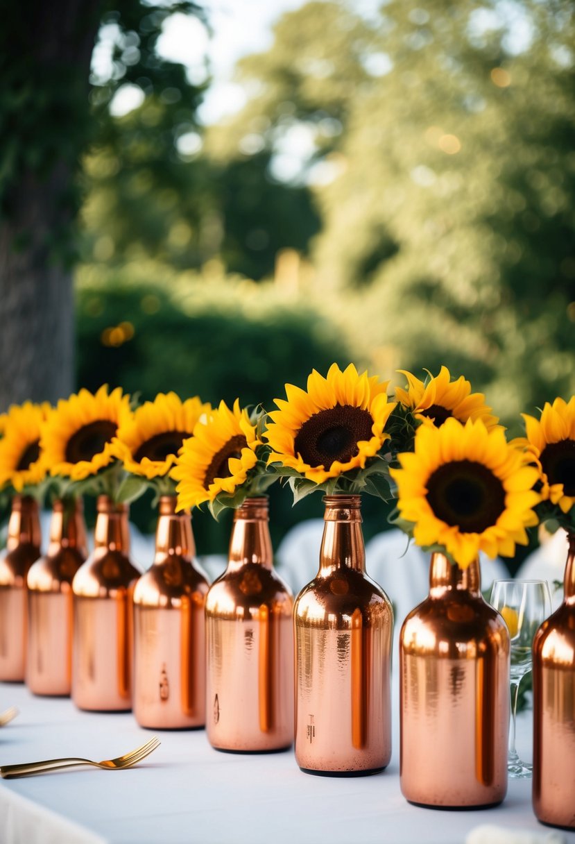 Copper-toned bottles filled with sunflowers arranged as wedding table decorations