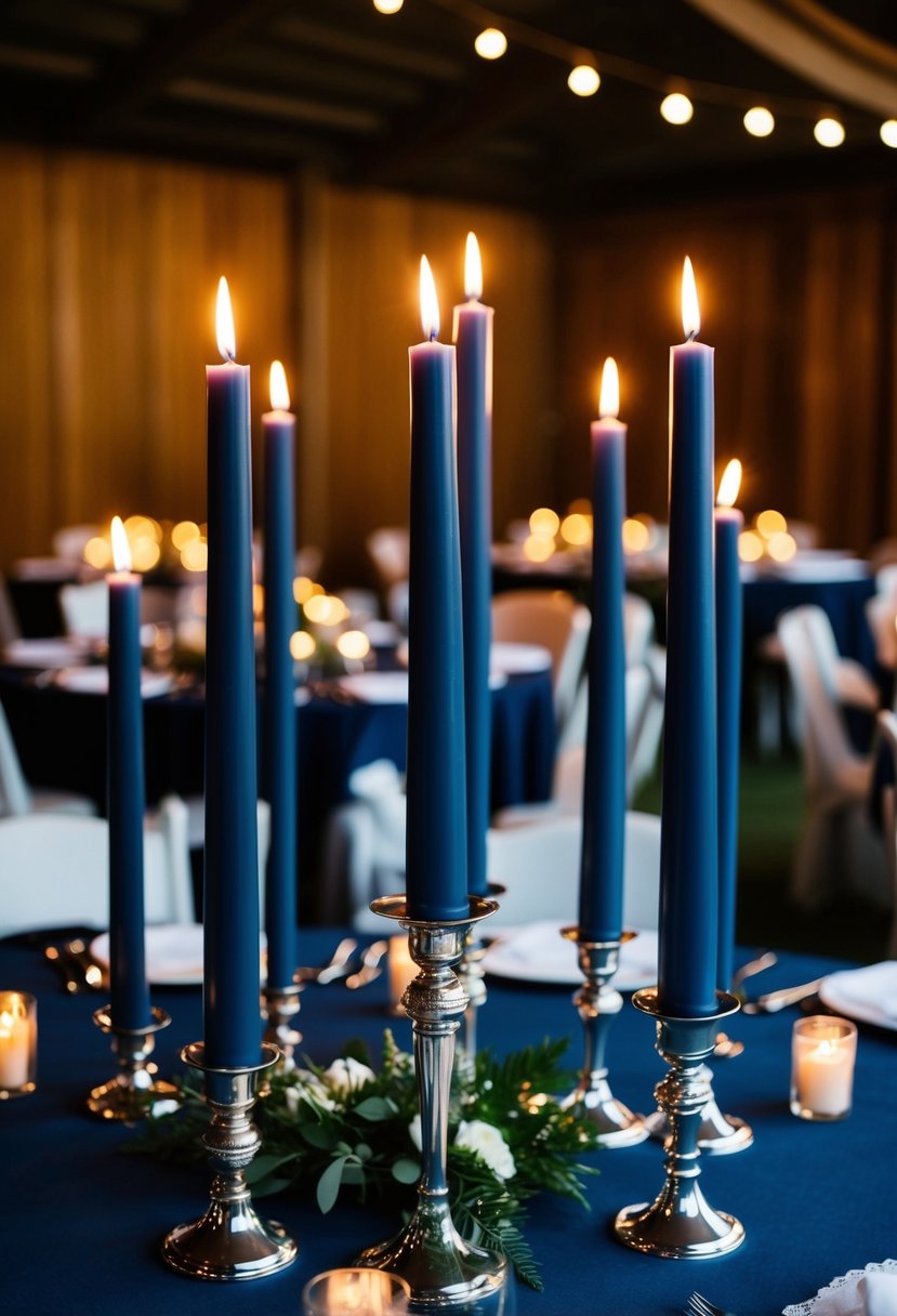 Tall navy taper candles arranged amidst dark blue wedding table decor