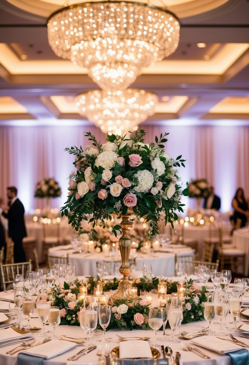 An ornate floral centerpiece crowns the head table at a luxurious wedding reception