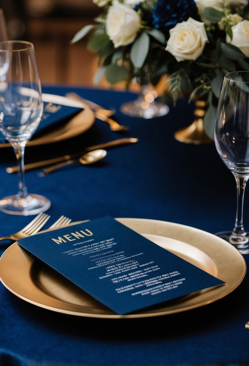 Navy menu cards with gold foil on dark blue tables for a wedding