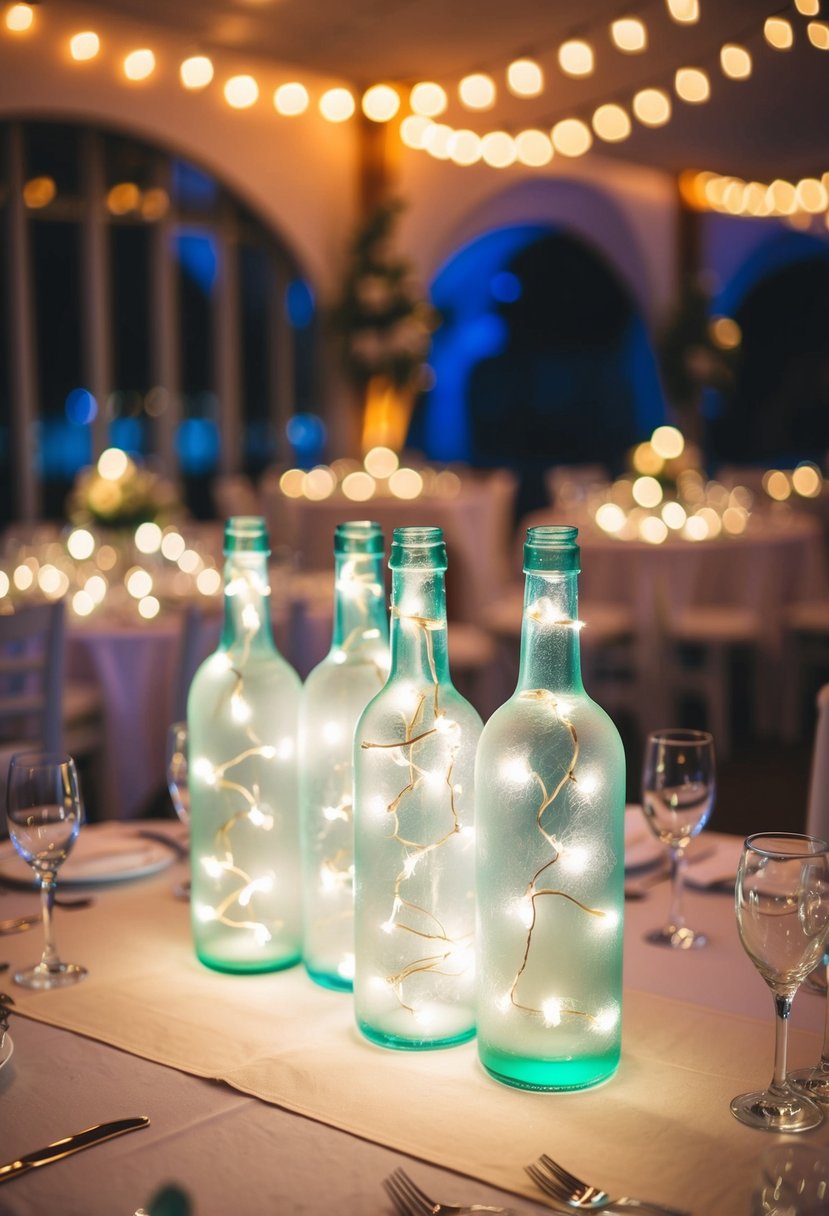 Frosted glass bottles adorned with LED lights illuminate a wedding table, creating a romantic and enchanting atmosphere