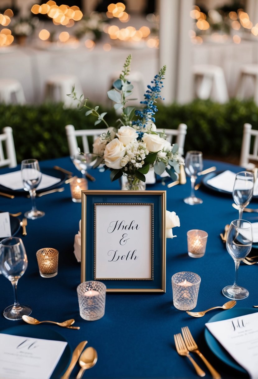 A dark blue table adorned with matching frames and wedding decorations