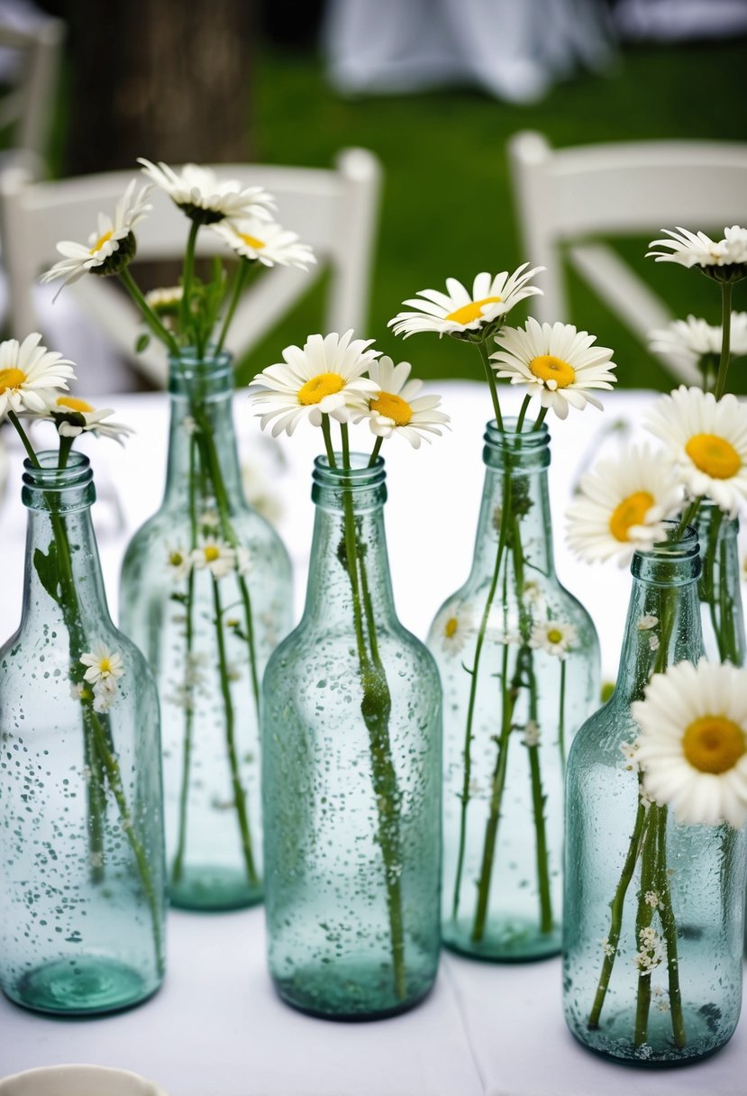 Distressed white glass bottles filled with daisies arranged on a wedding table