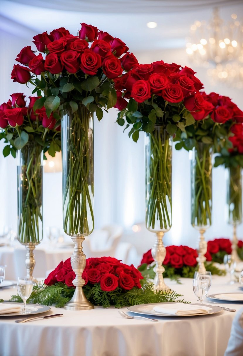 Tall vases filled with vibrant red roses stand atop a white linen-covered wedding table, creating an elegant and romantic centerpiece