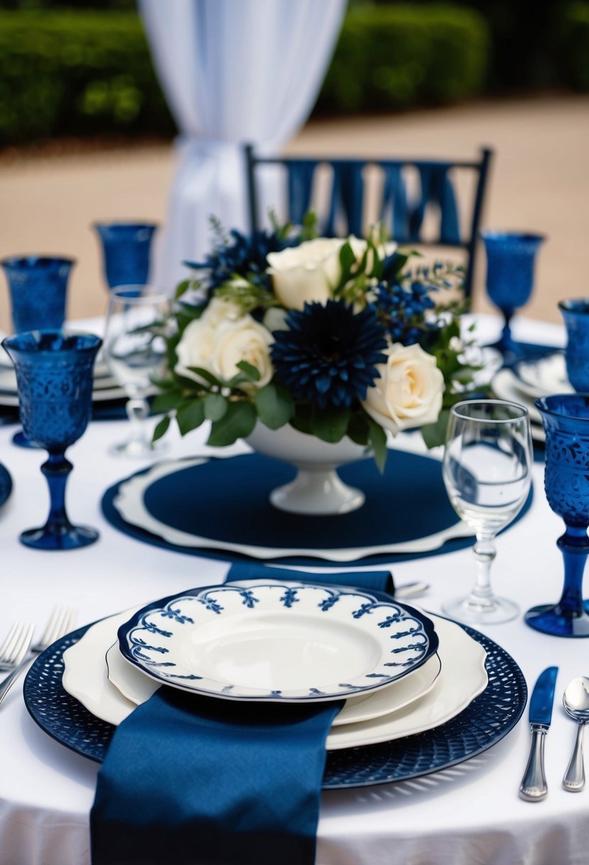 A table set with navy and white porcelain dinnerware, adorned with dark blue wedding decorations