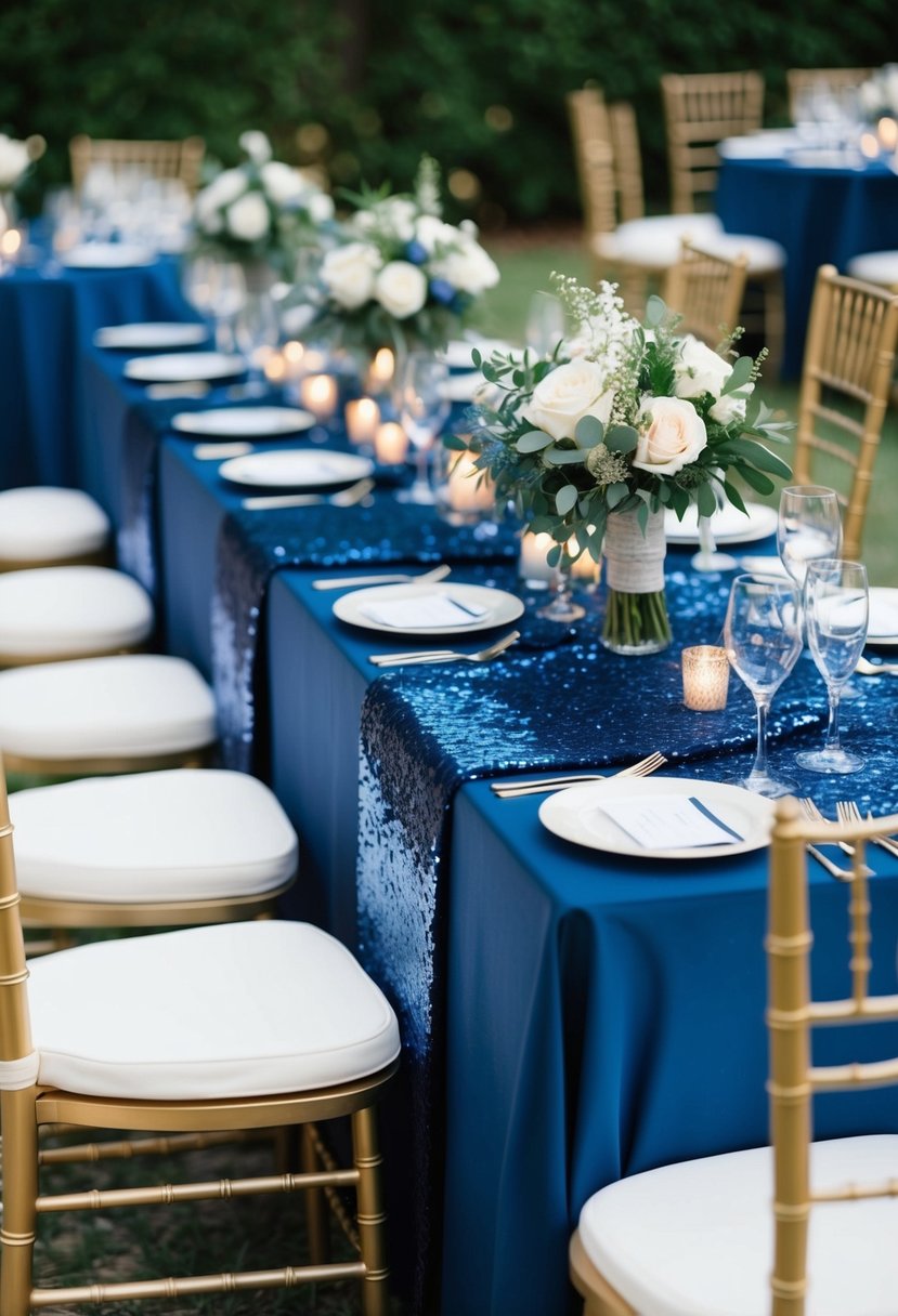 Dark blue sequin table runners draped over wedding reception tables