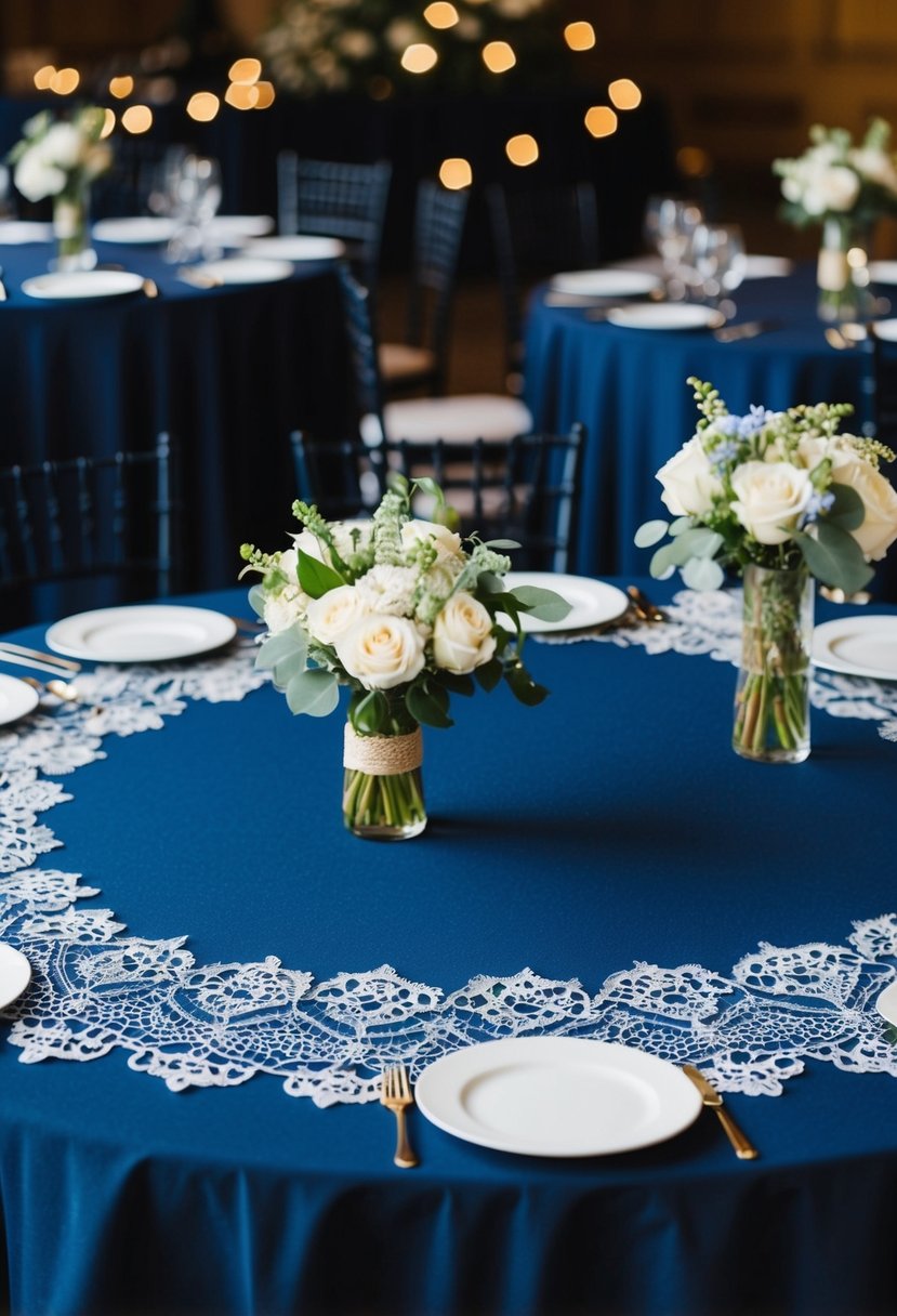 Dark blue lace overlays on navy tablecloths adorn wedding reception tables