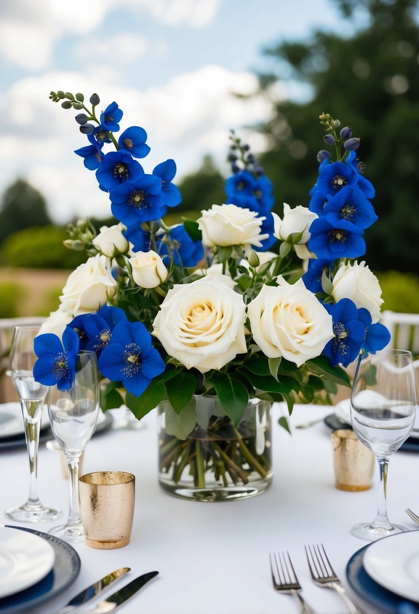 A table adorned with white roses and dark blue delphiniums for a wedding centerpiece