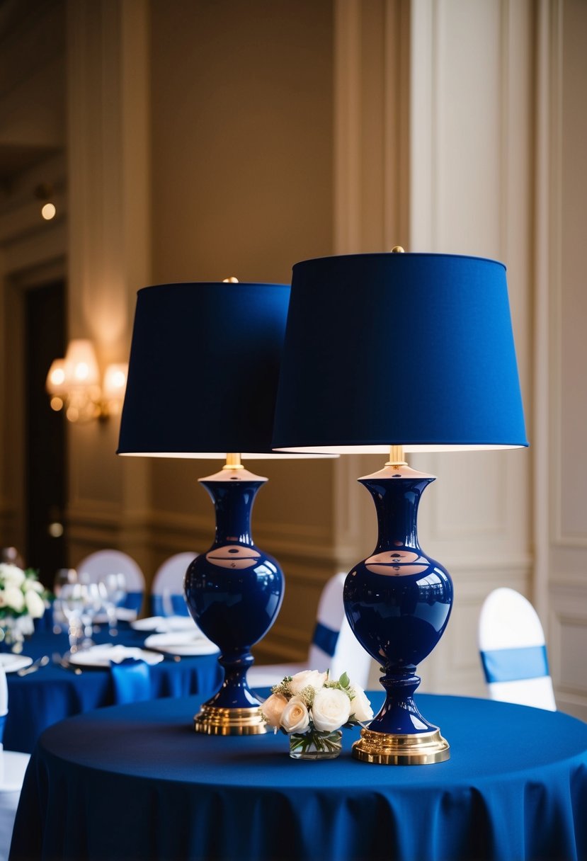 Two navy blue table lamps sit atop a dark blue wedding table, casting a soft glow over the elegant decor