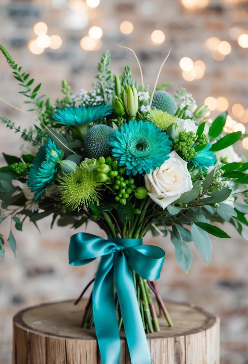 A vibrant teal wedding bouquet with assorted flowers and greenery, tied with a satin ribbon