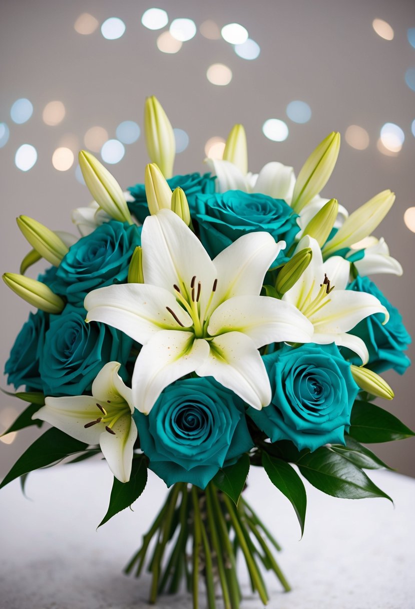 Teal roses and white lilies arranged in a classic wedding bouquet