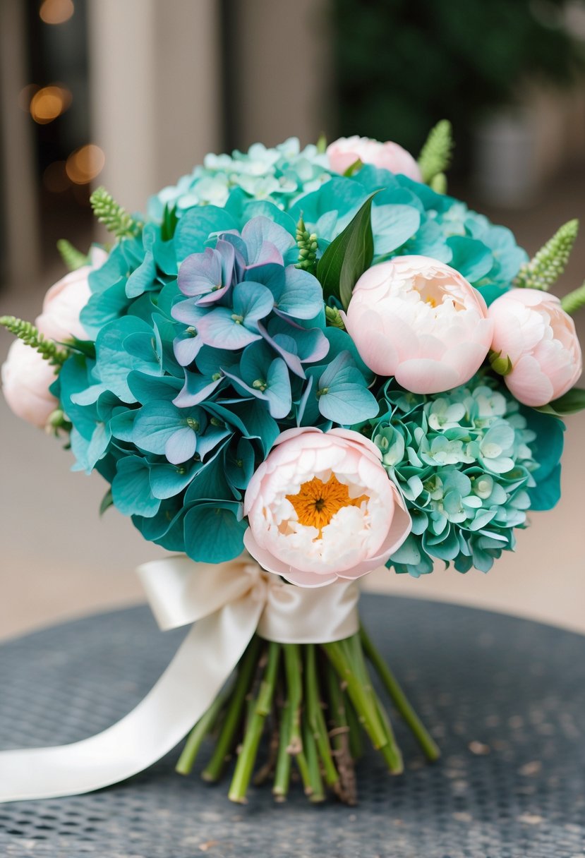 A lush bouquet of teal hydrangeas and blush peonies, tied with a satin ribbon