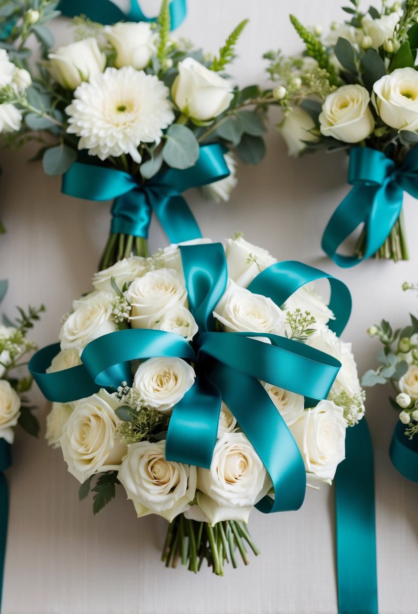 Teal ribbons wrap around ivory bouquets, adding a pop of color to the elegant wedding floral arrangements