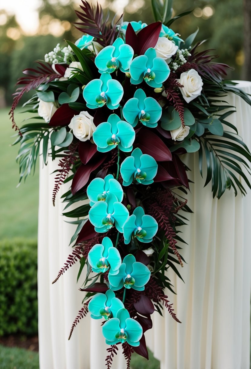 Teal orchids and deep burgundy foliage arranged in a cascading wedding bouquet