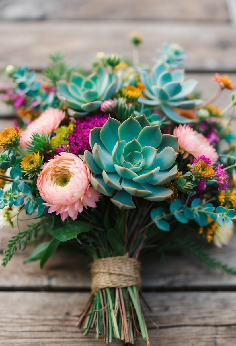 A rustic bouquet of wildflowers with teal succulents nestled among the blooms