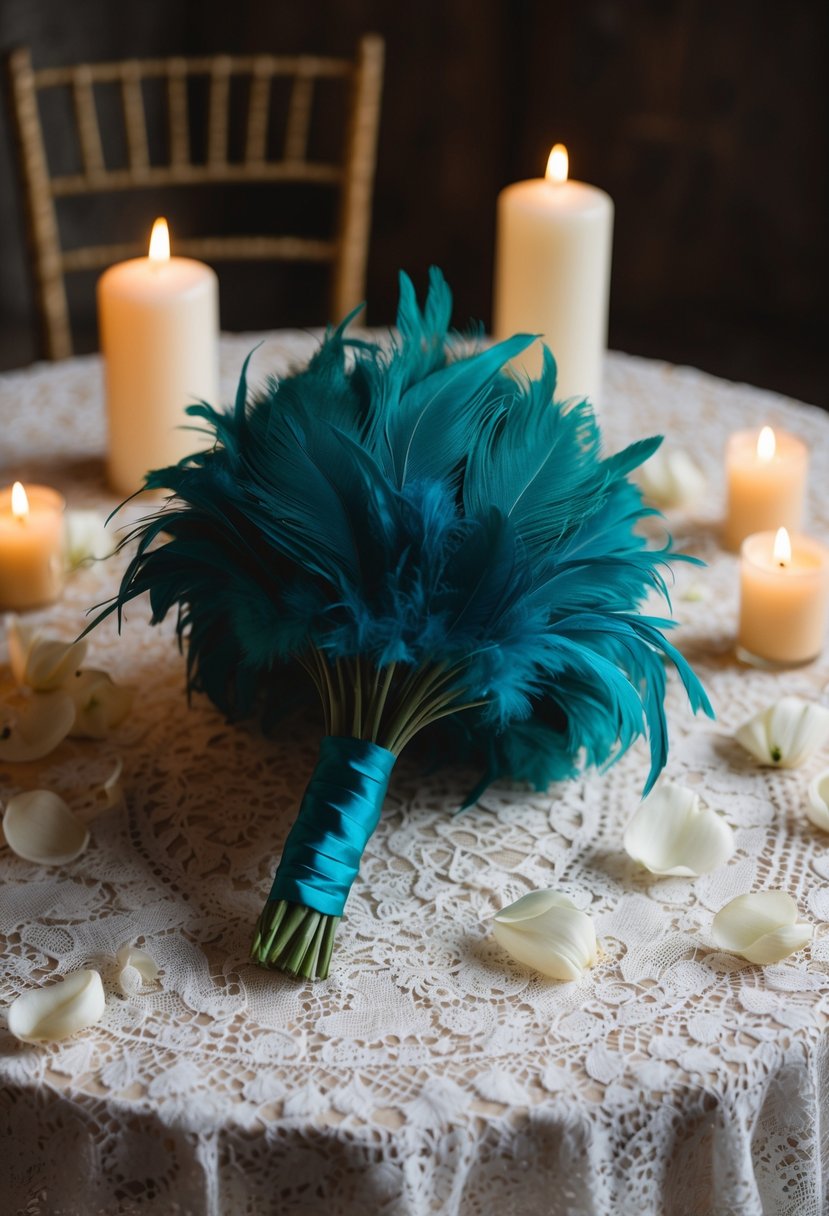 A teal feathered bouquet rests on a vintage lace tablecloth, surrounded by scattered petals and candles, creating a bohemian wedding atmosphere