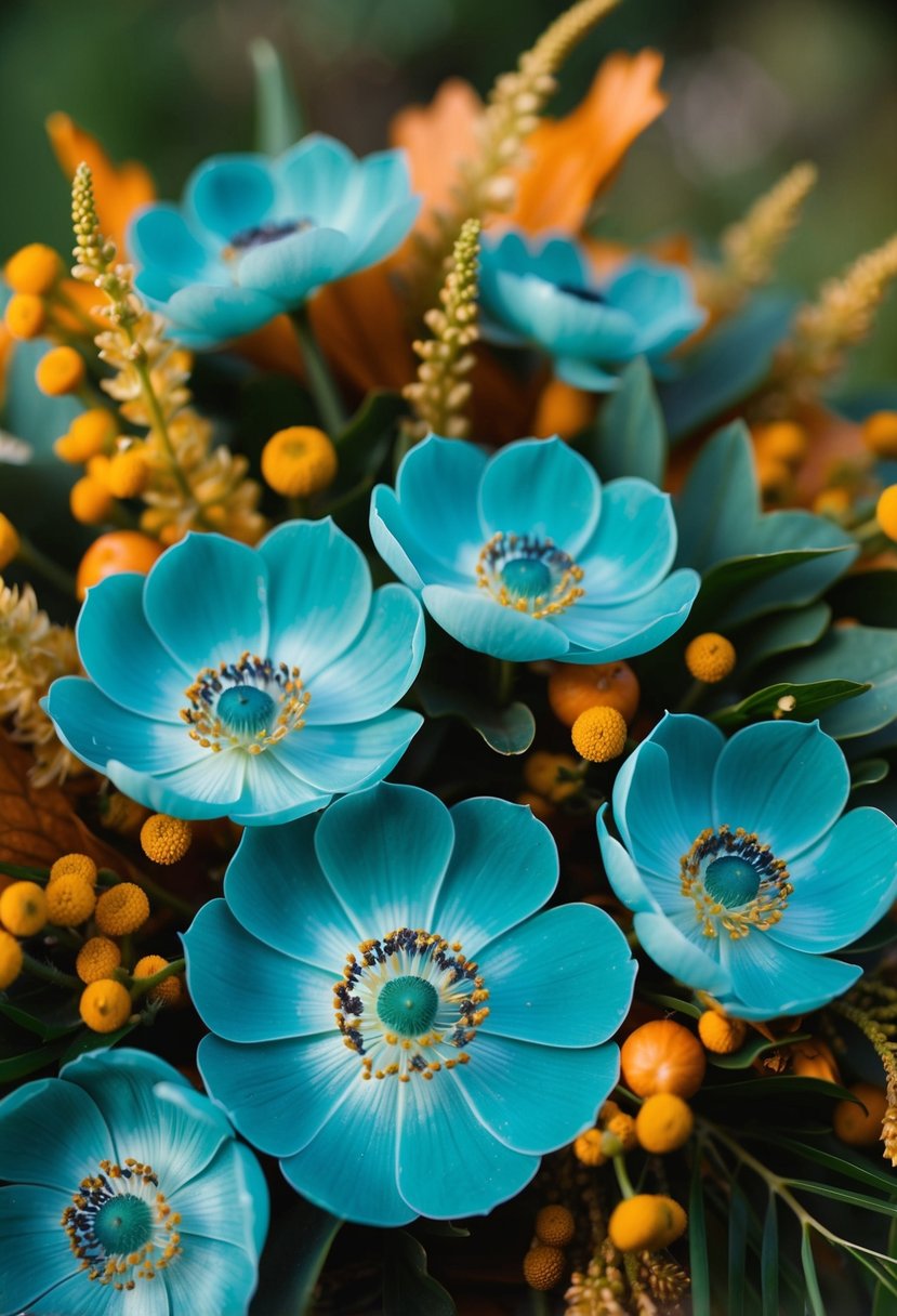 Teal anemones intertwined with golden accents, nestled in a lush autumn bouquet