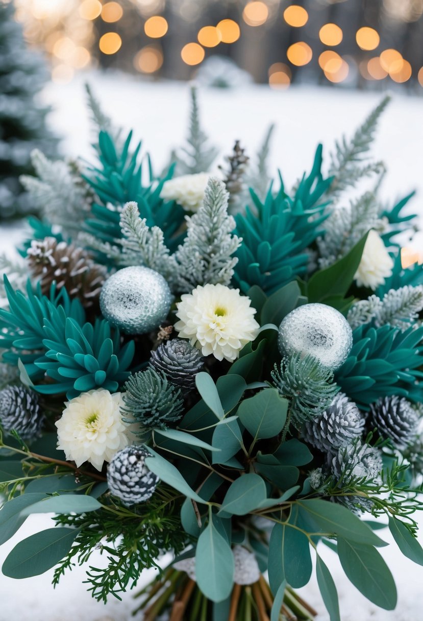 A teal and silver bouquet of winter foliage and flowers