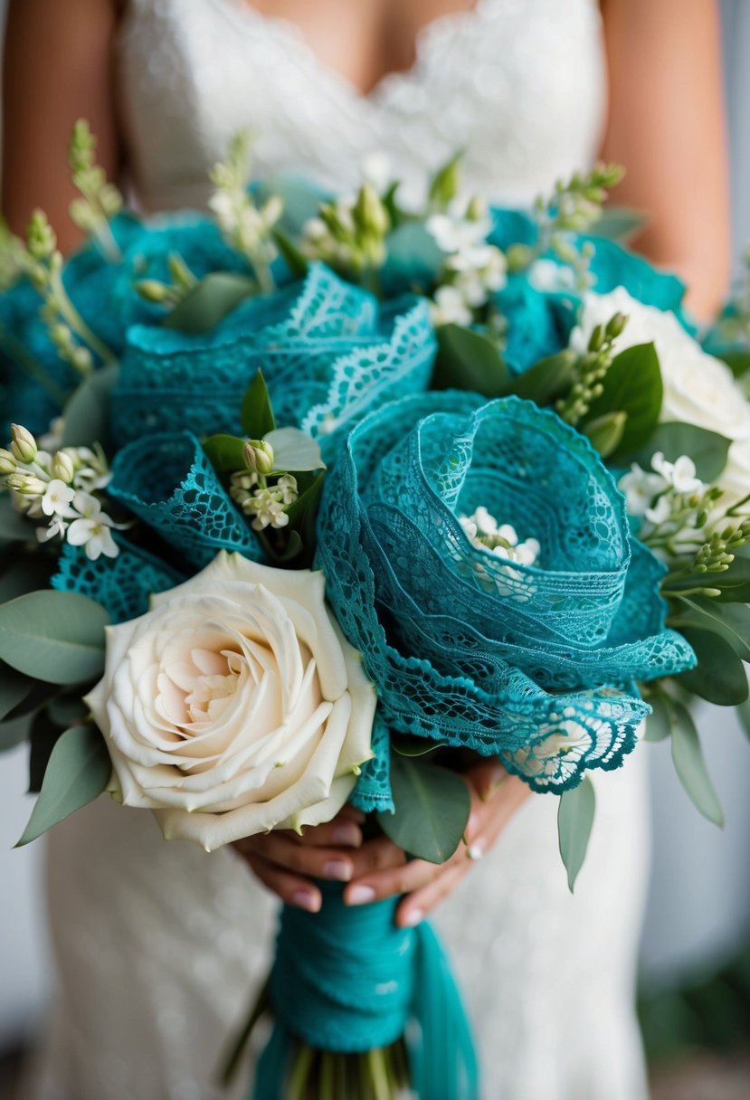 Teal lace wraps around vintage-inspired wedding bouquets