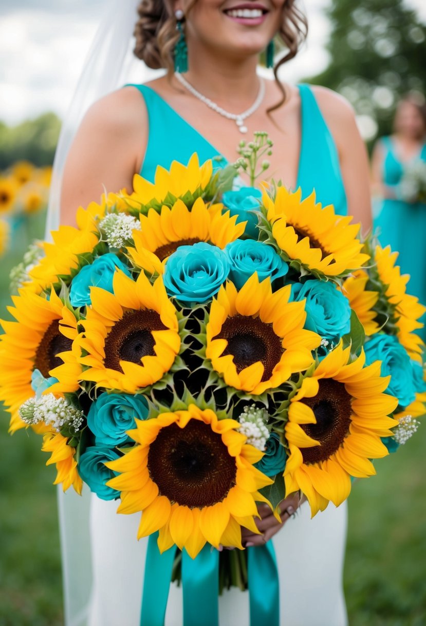 Sunflowers with teal accents arranged in a wedding bouquet for a summer theme