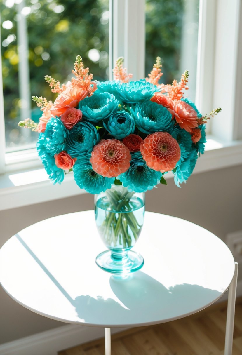 A bouquet of teal and coral flowers arranged in a glass vase on a white table. Sunshine streaming through a nearby window