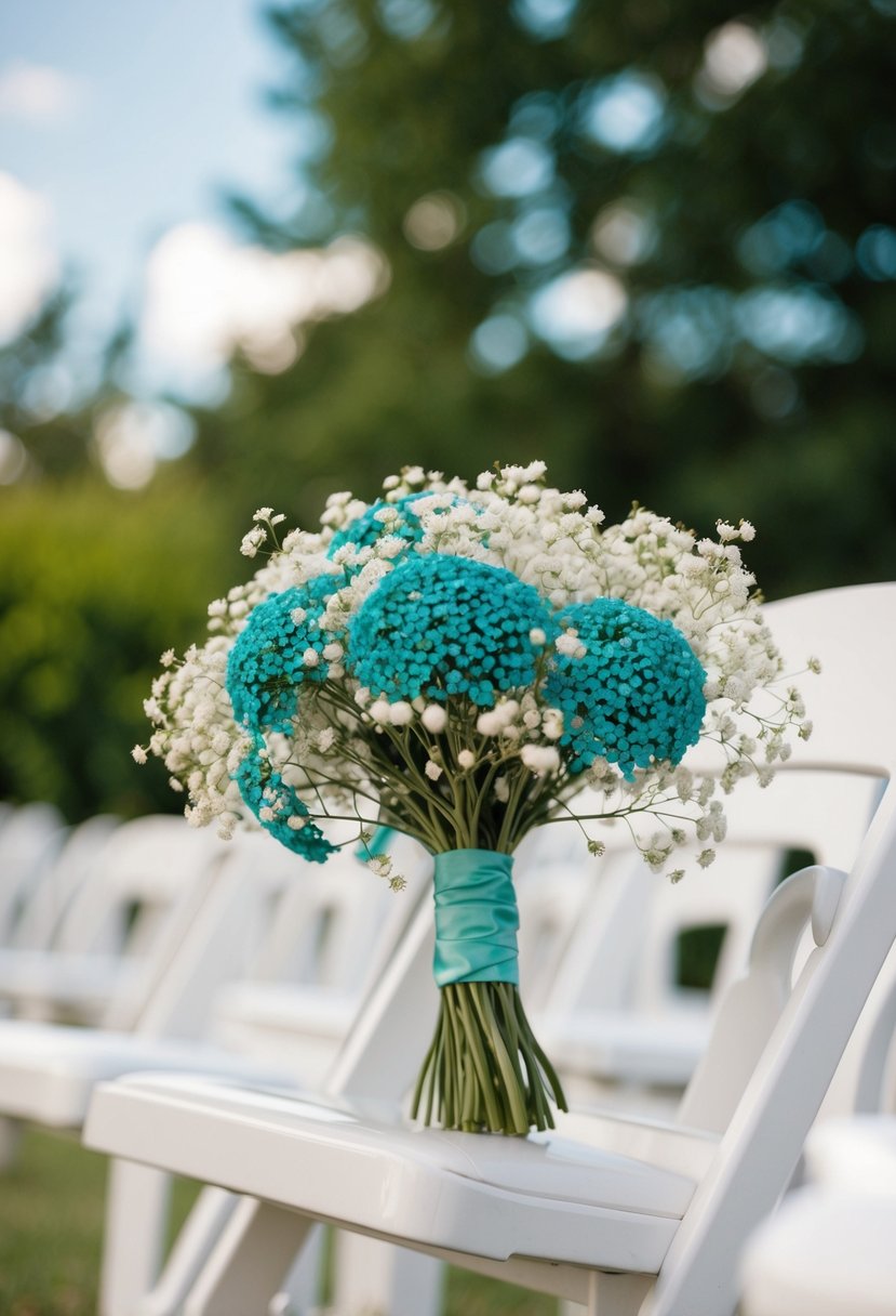 Teal-dyed baby's breath accents a white wedding bouquet, adding subtle pops of color