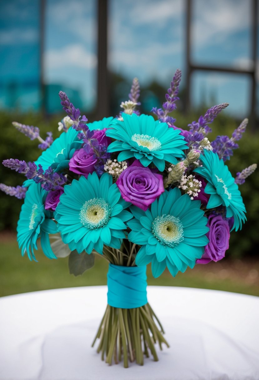 A vibrant teal wedding bouquet featuring teal gerberas paired with lavender, creating a striking and elegant floral arrangement