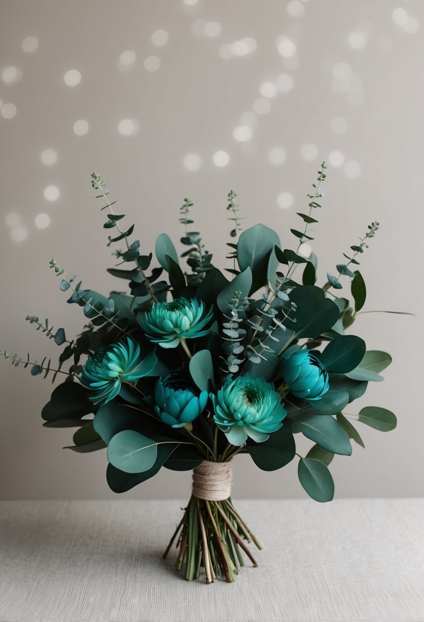 A dark teal eucalyptus bouquet with pops of vibrant teal flowers, set against a soft, neutral background