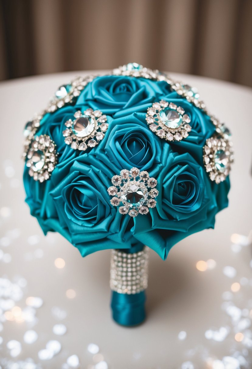 A teal wedding bouquet adorned with sparkling crystal embellishments, reflecting a glamorous and elegant aesthetic